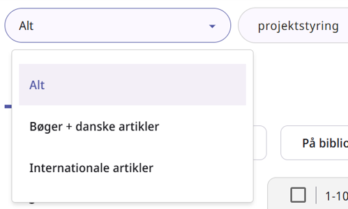 Dropdown menu med Alt, Bøger og danske artikler og Internationale artikler.